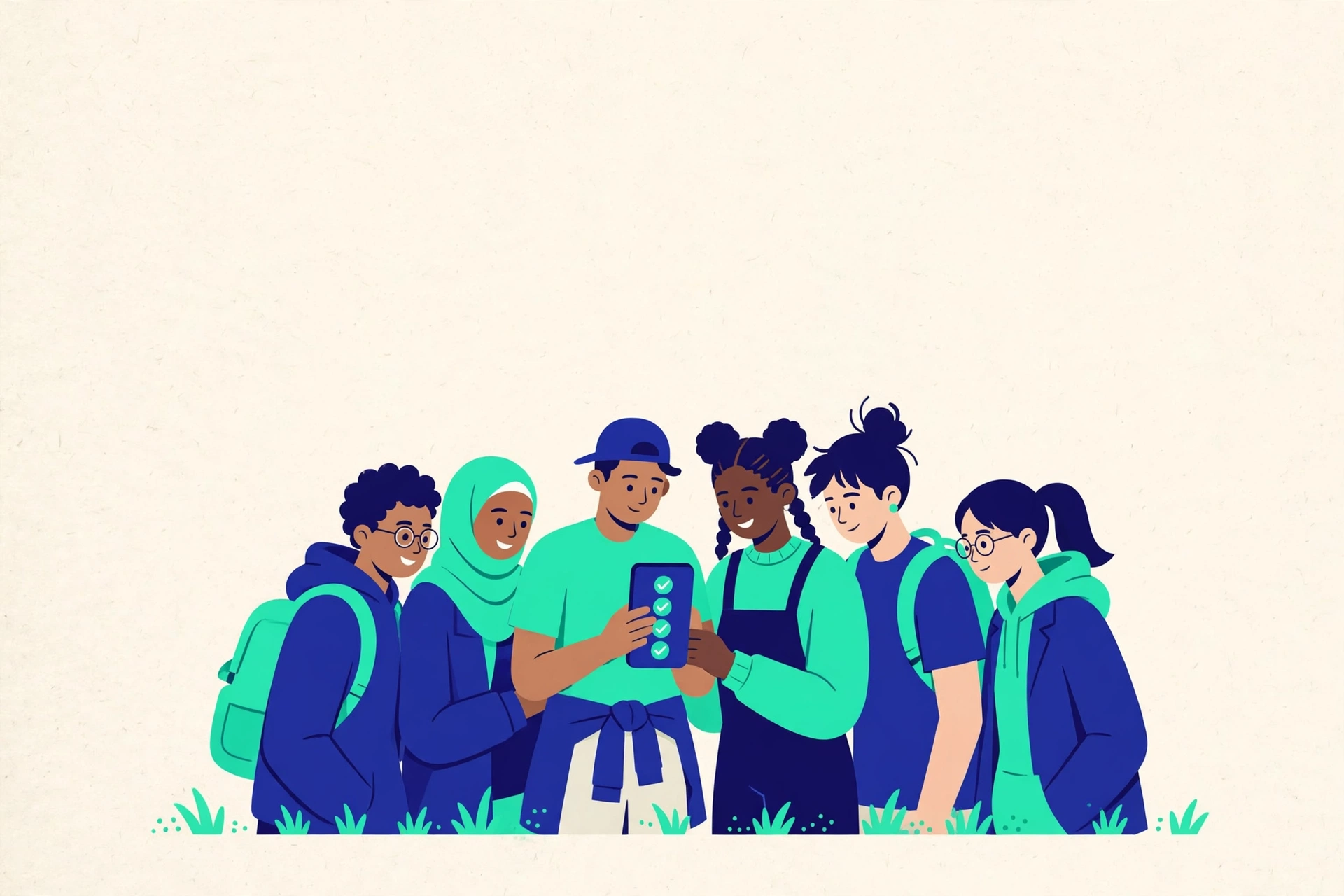 Illustration of college students reviewing a shared checklist together