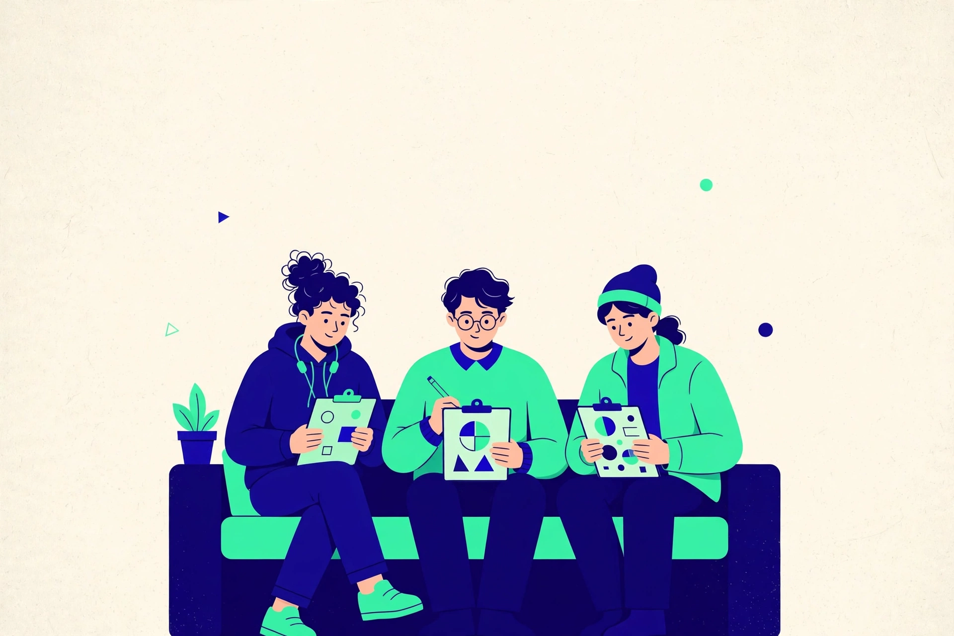 Friends taking different quizzes together on a sofa