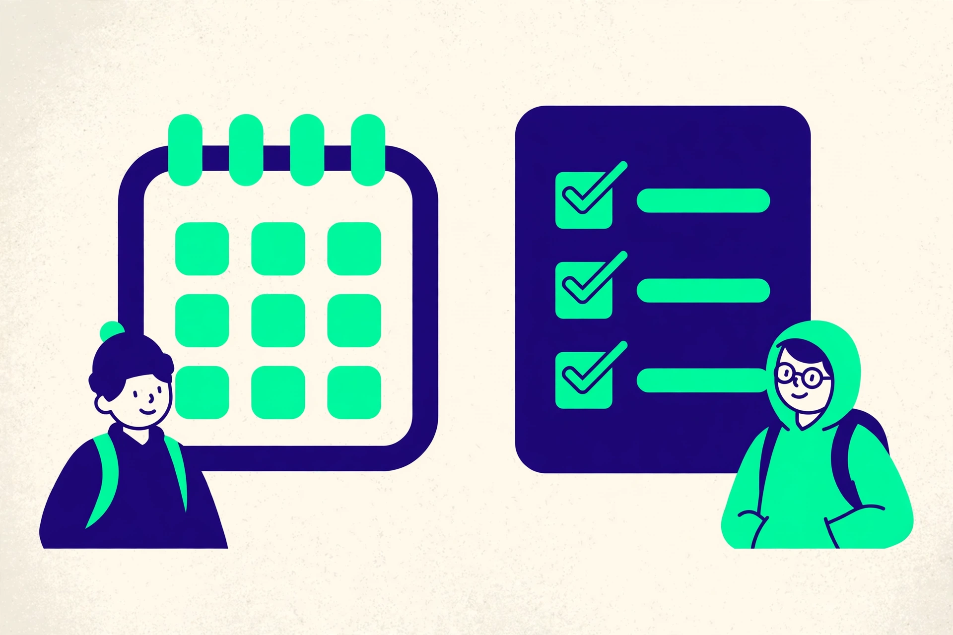 A calendar and a checklist shown as simple abstract shapes
