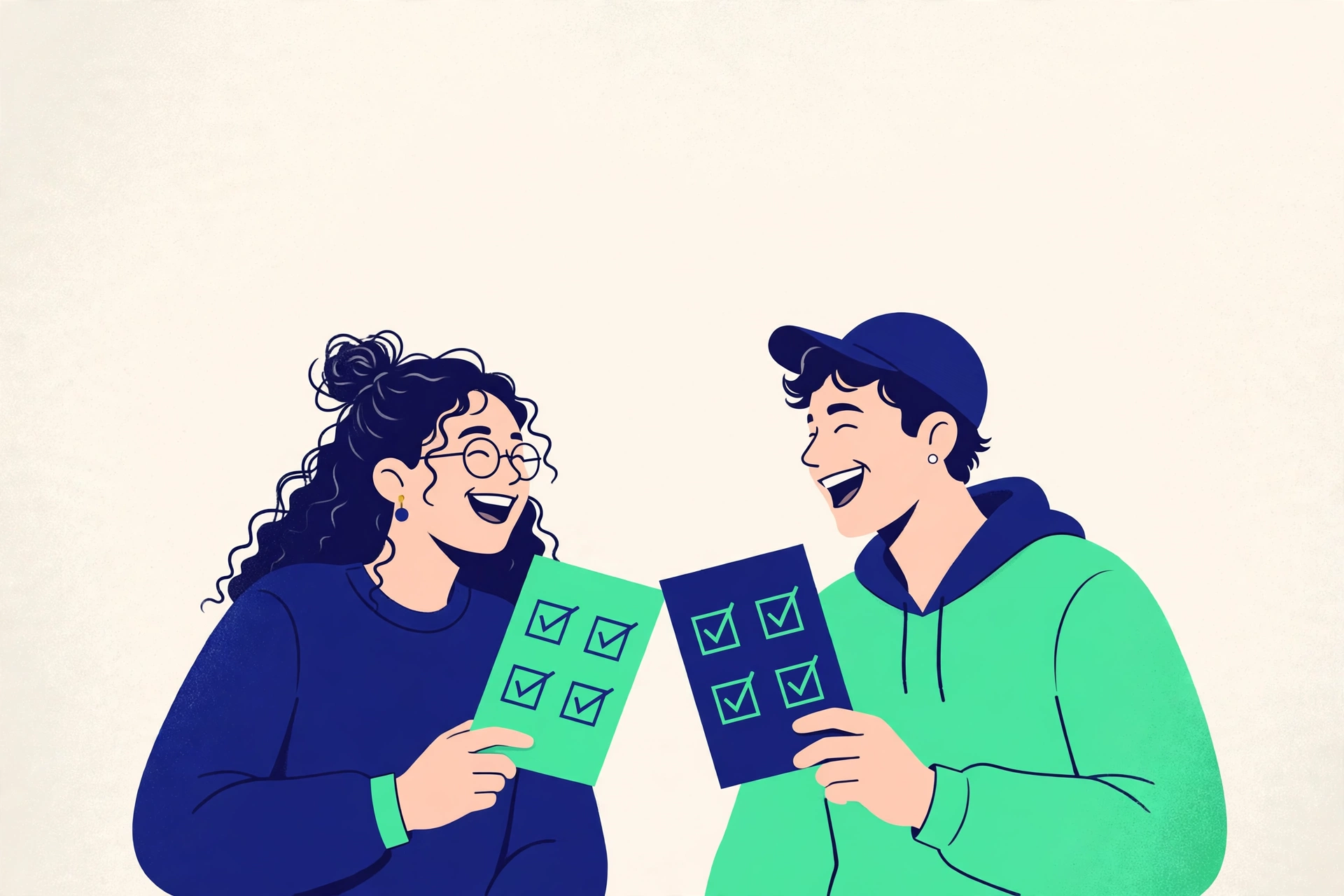 Two friends laughing while they compare rice purity scores with friends using checklist cards