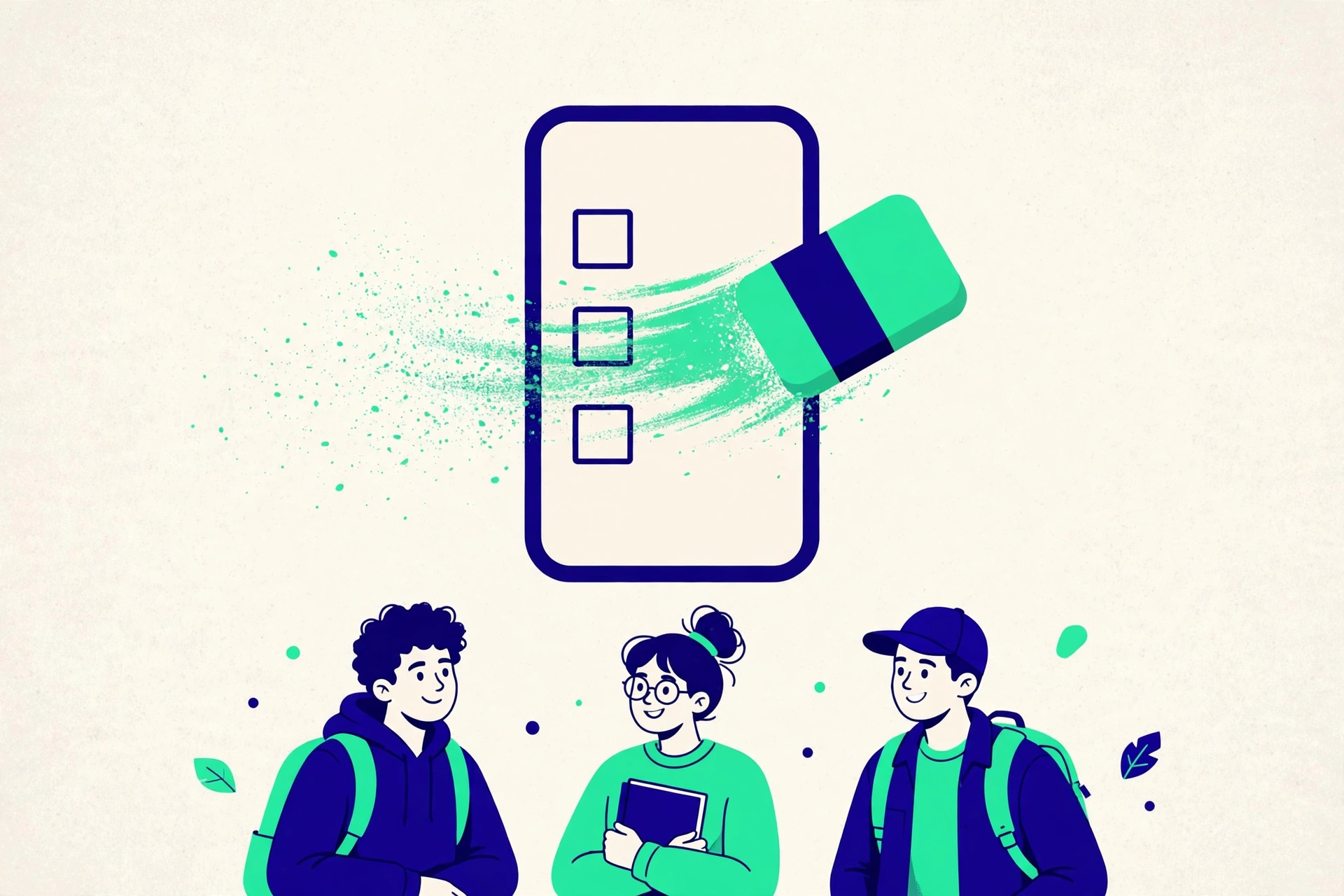 A phone and eraser clearing a checklist, showing does rice purity test save answers in your browser only