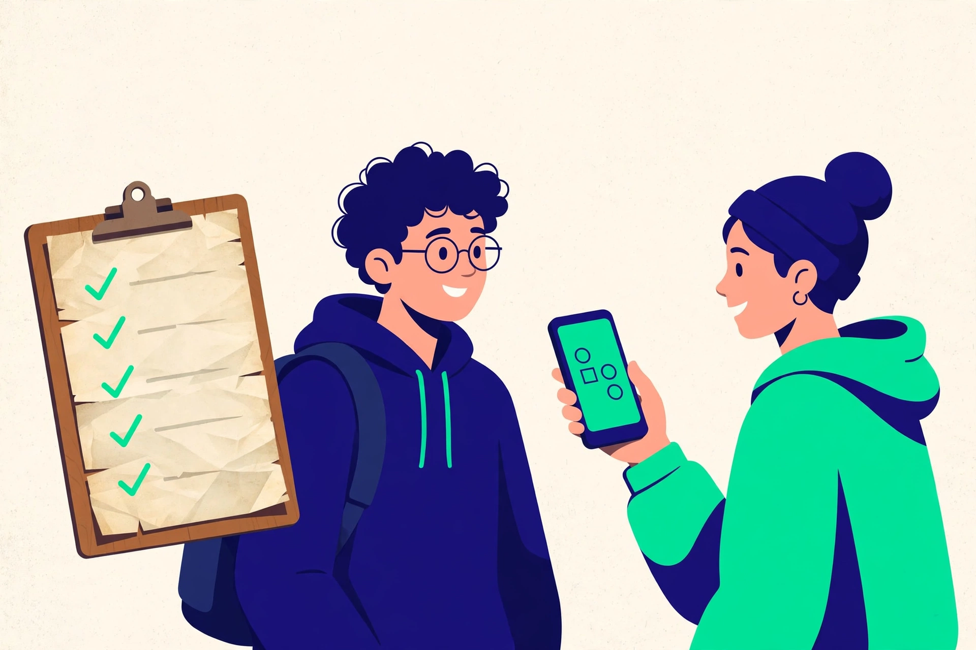 Two friends debating a checklist item with empty speech bubbles