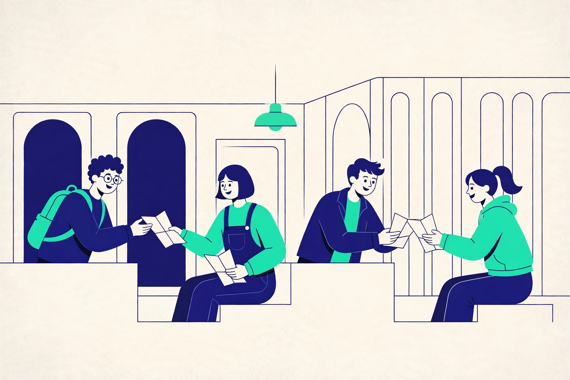 Origin of rice purity test questions shown as students passing papers in a retro styled hall