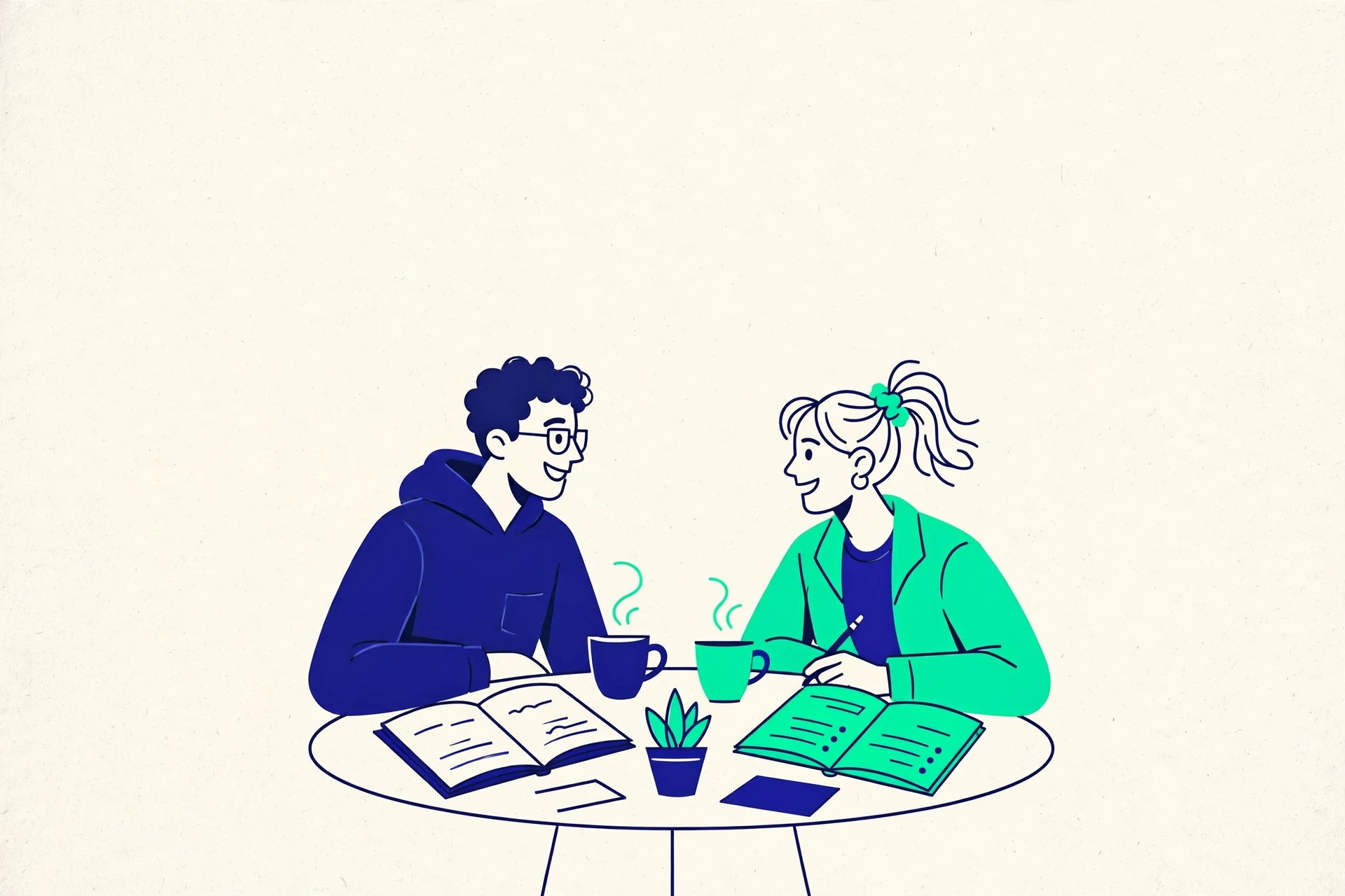 Two college students comparing notes and talking over coffee
