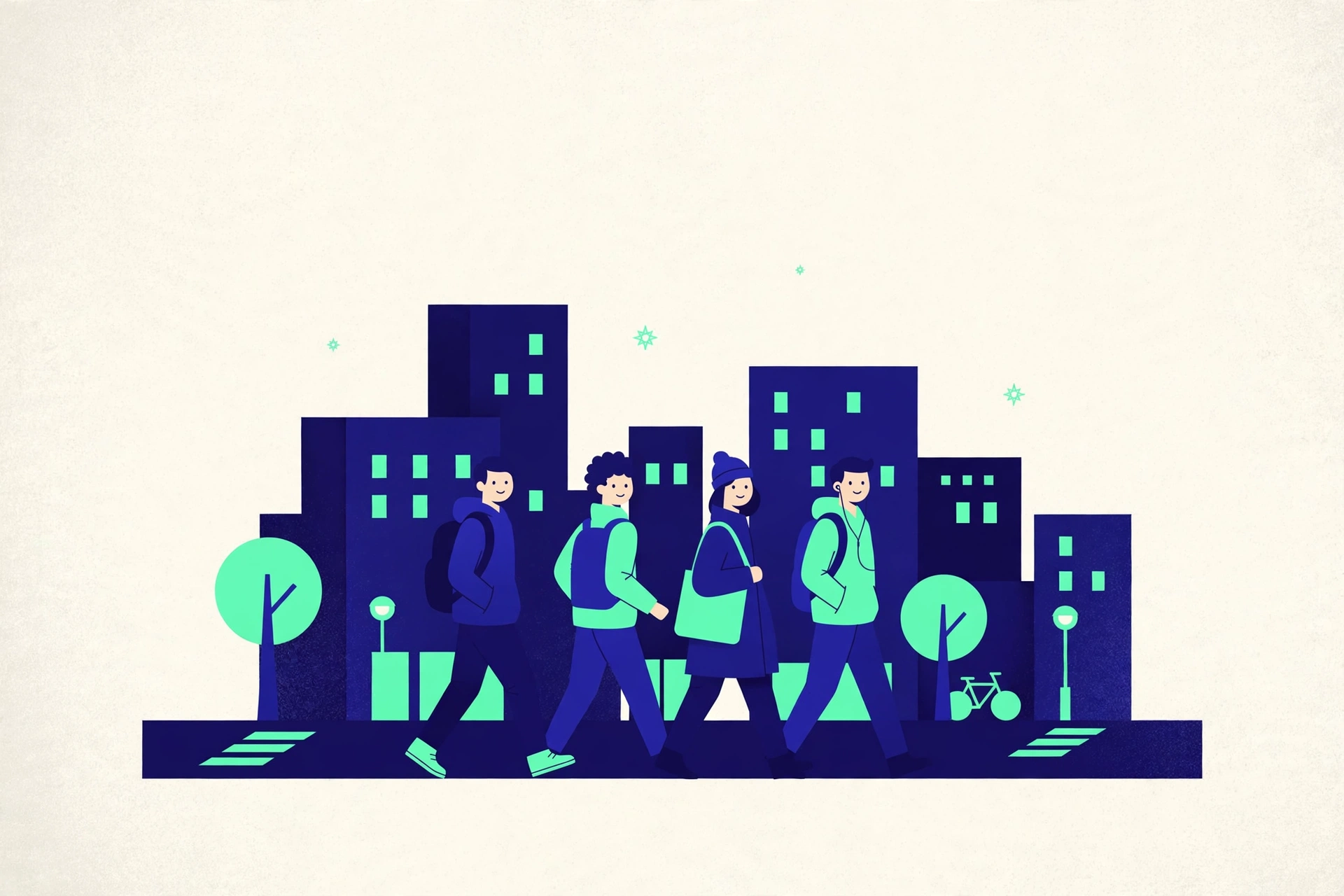 Students walking home through a city at night