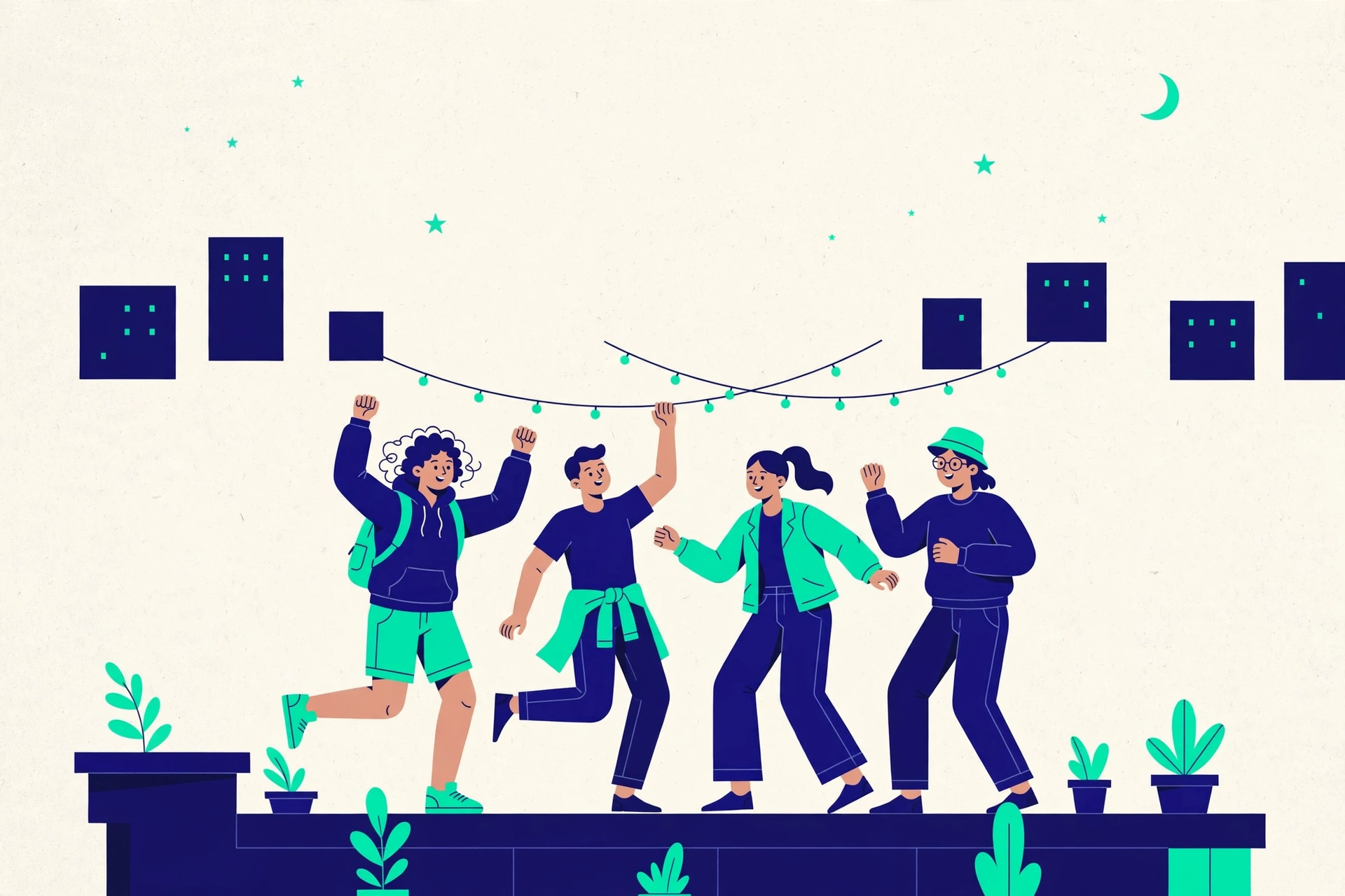 Rice purity score 30 meaning illustrated by friends dancing at a rooftop party at night