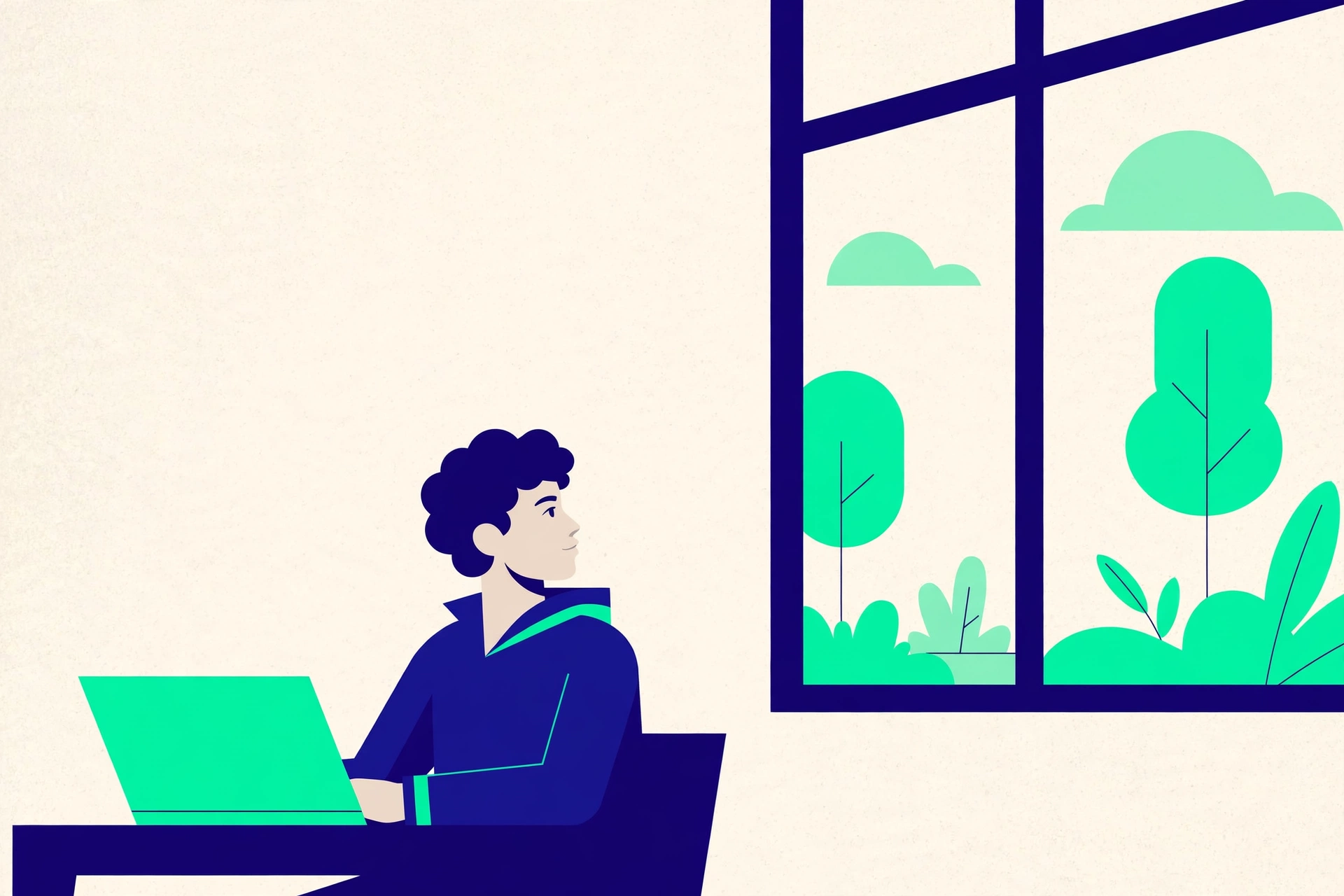A thoughtful young person at a desk with a closed laptop, looking out of a window